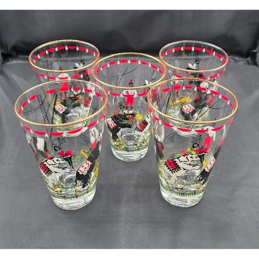 Vintage Set (5) Libbey Day at the Circus Highball Glass 12oz 1950s MCM Elephant